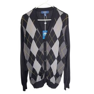 NEW Savile Row XL Black/Gray Argyle Cardigan Cotton Blend Sweater Grandpa Core